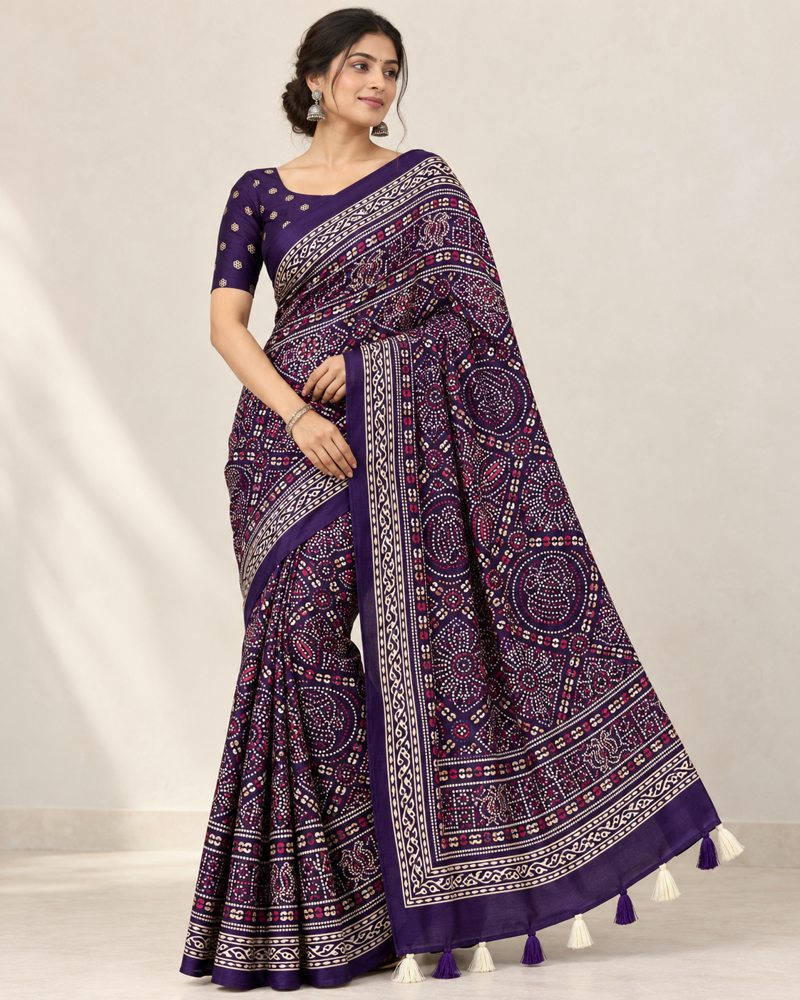 Premium Ajrakh Designer Crepe Silk Saree with Traditional Bandhani-Inspired Print & Tassel Border