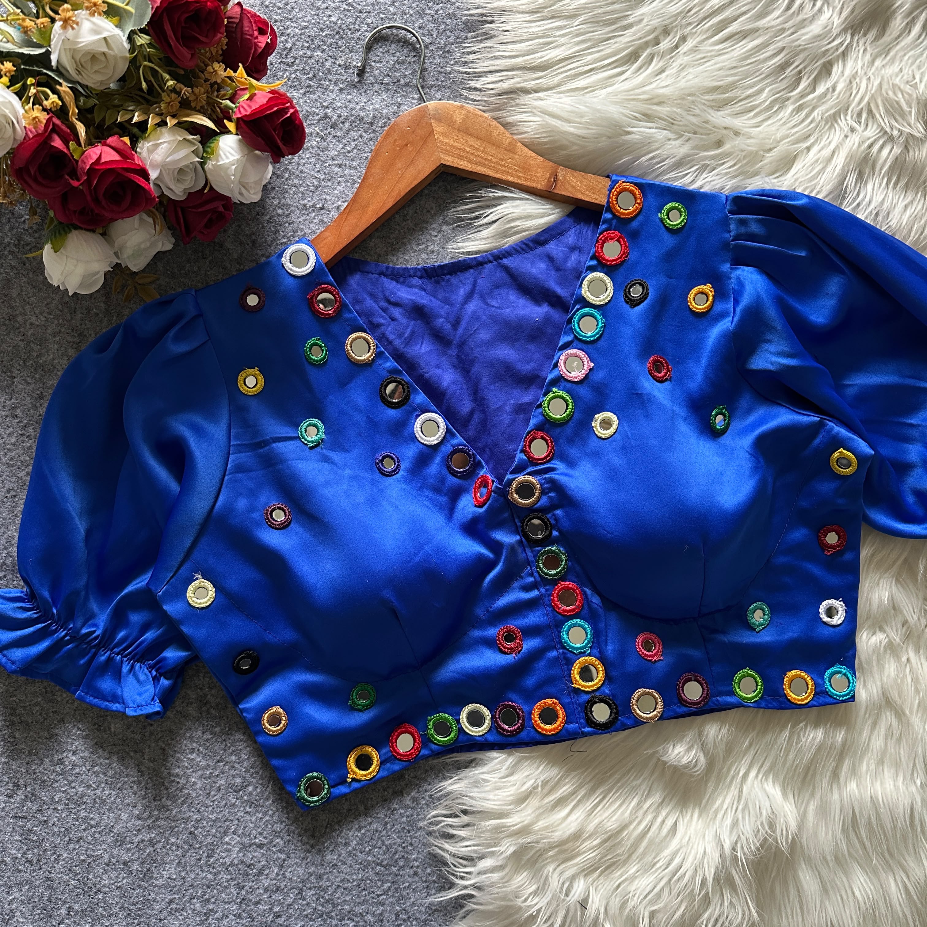 Navratri Satin Silk Multicolour Mirror Work Designer Blouse – Free Size 38–42