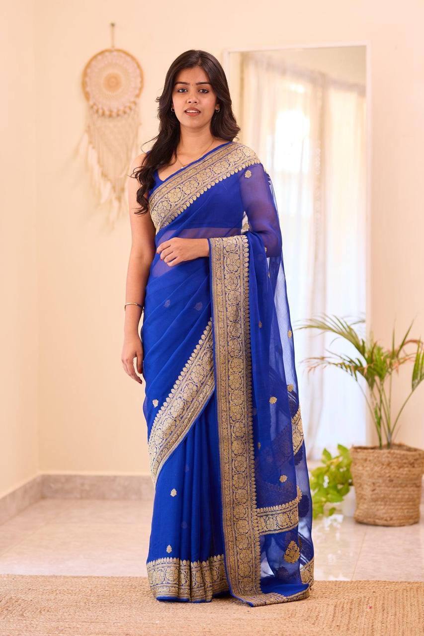 Royal Blue Georgette Saree with Golden Embroidered Border