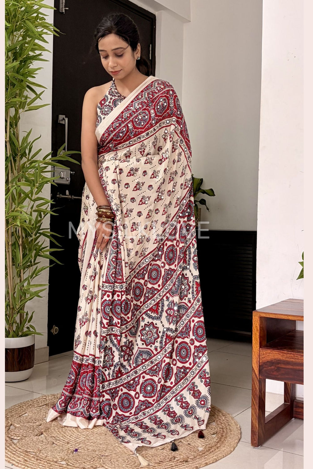 Aaina Vol 10 Silk Crepe Saree with Ethnic Ajrak Print & Mirror Work