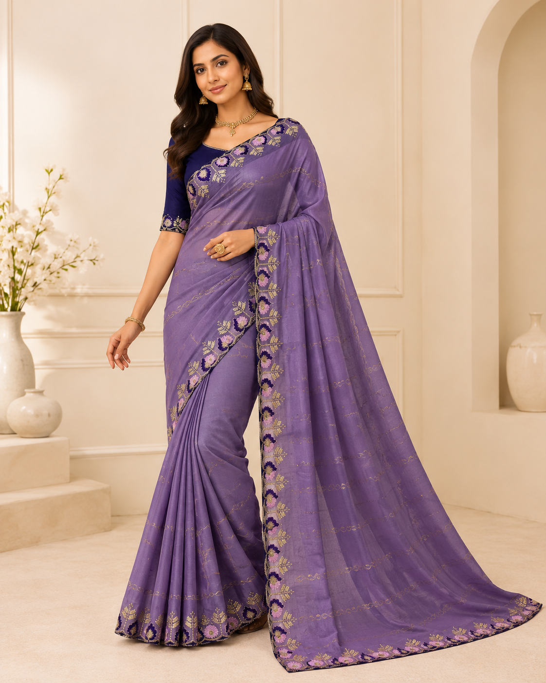 Jhanvi Collection – Premium Star Georgette Saree with Embroidered Border & Contrast Blouse