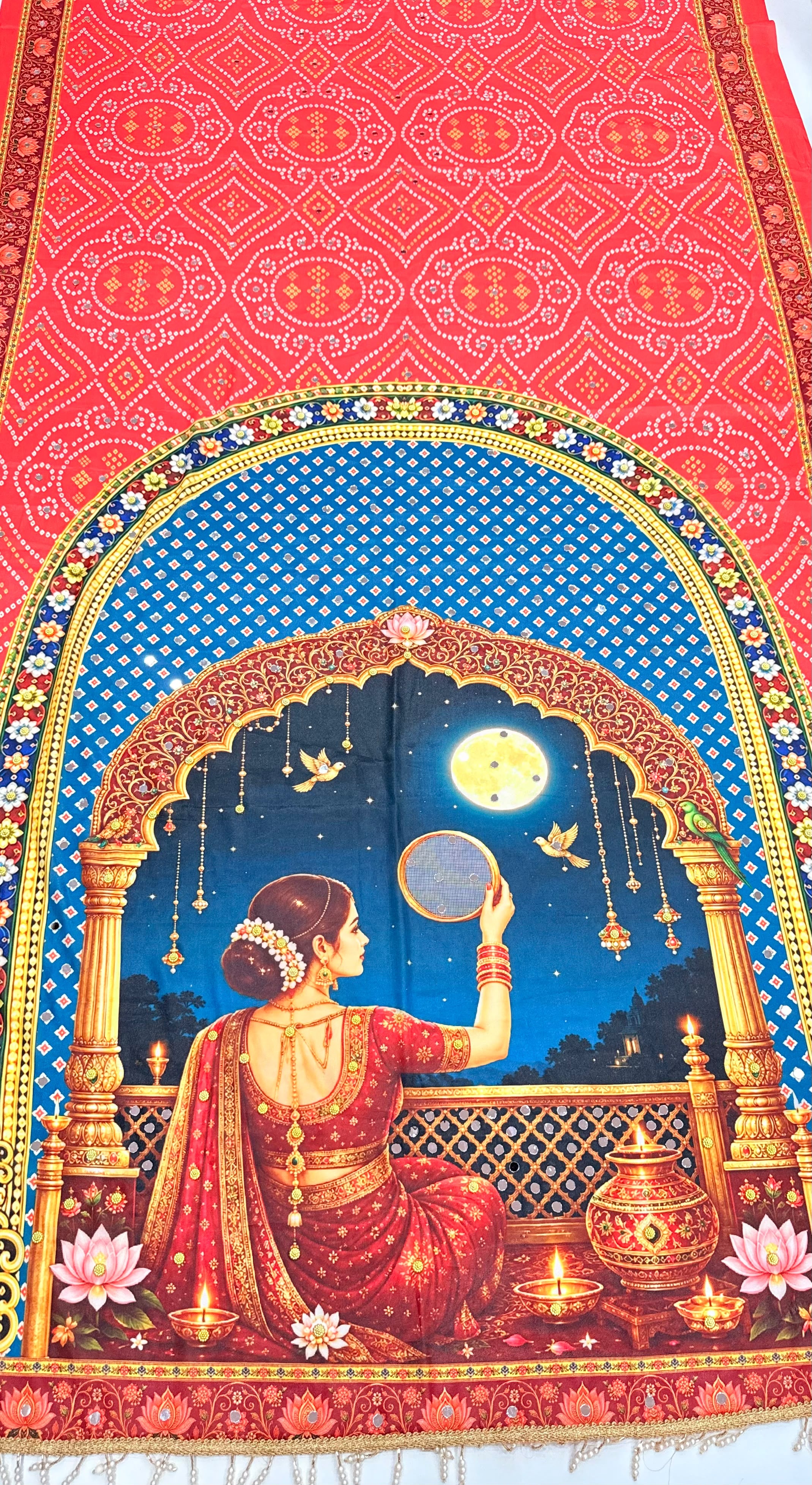 Karva Chauth Special Heavy Shimmer Silk Saree with 2,000 Mirror Work & Designer Pallu with Matching Blouse