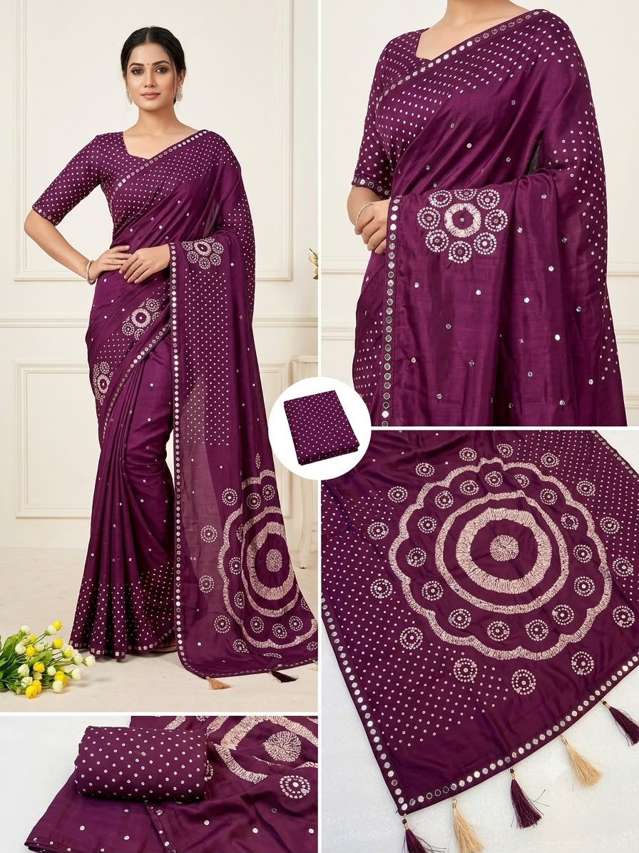 Premium Moss Satin Ajrakh Saree with 2,500 Mirror Work & Matching Blouse