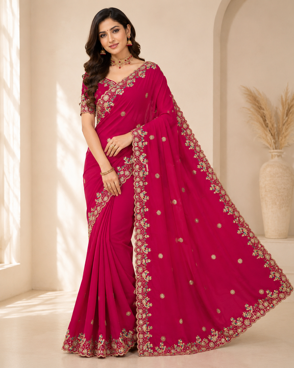 Rajwada Mor Embroidery Fendy Satin Saree with Heavy Sequence Border & Designer Blouse