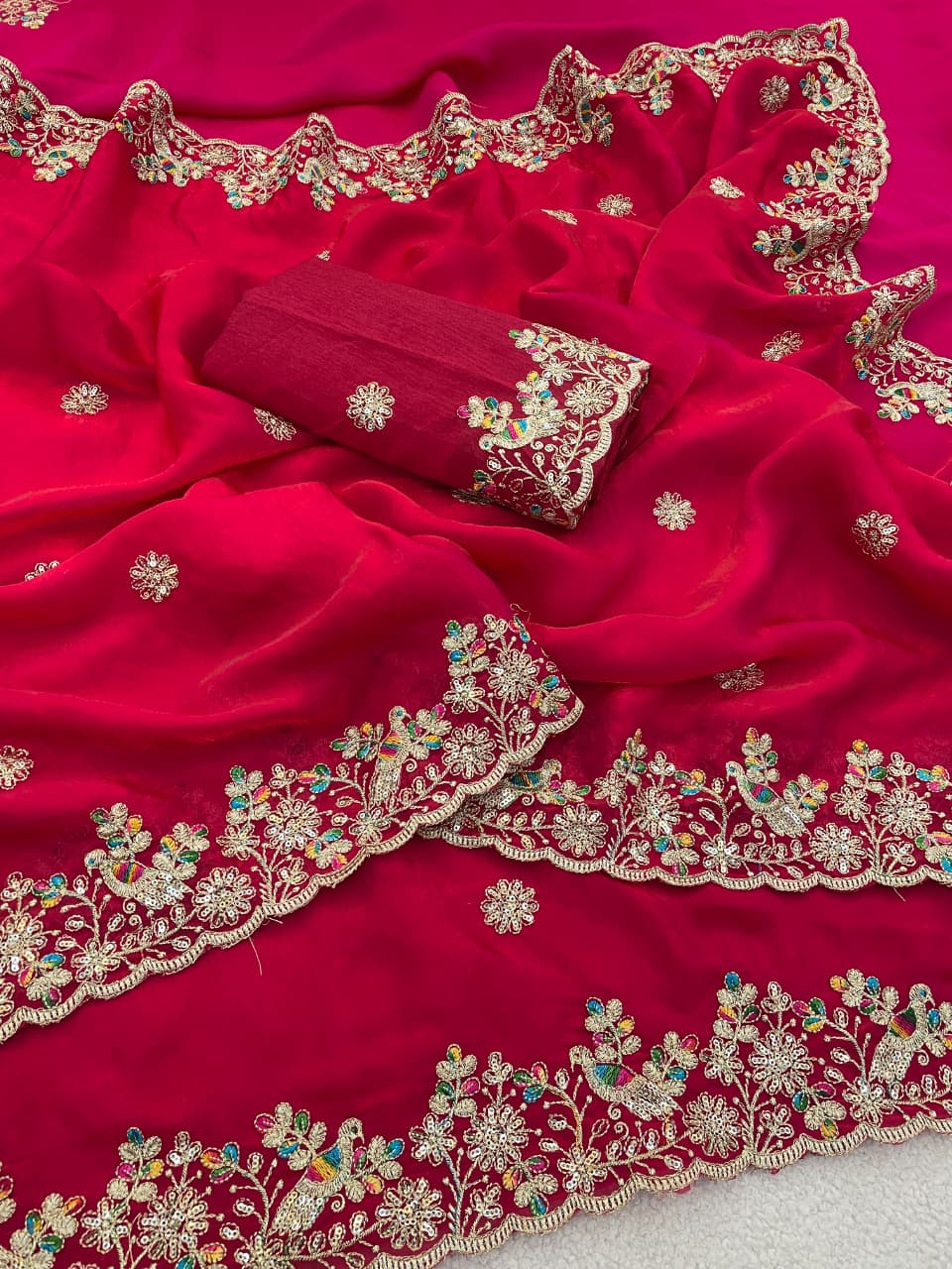 Rajwada Mor Embroidery Fendy Satin Saree with Heavy Sequence Border & Designer Blouse