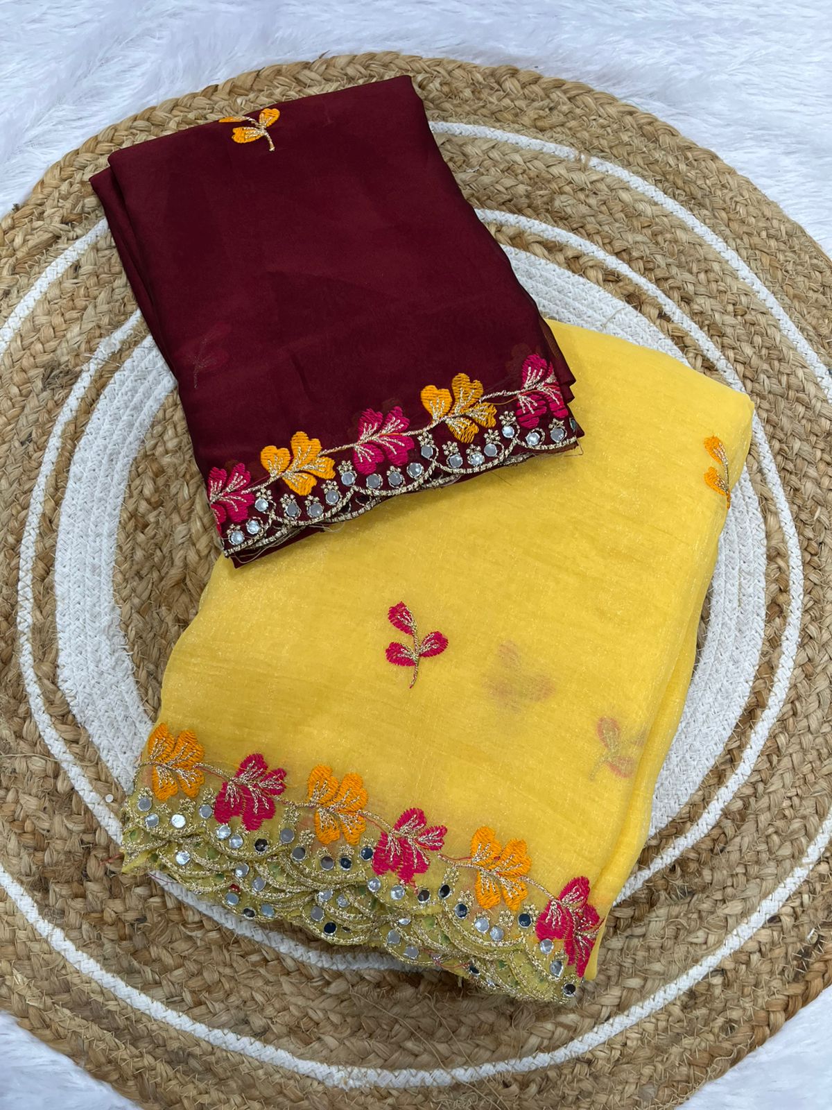 Premium Crunchy Chiffon Embroidered Mirror Work Party Wear Saree