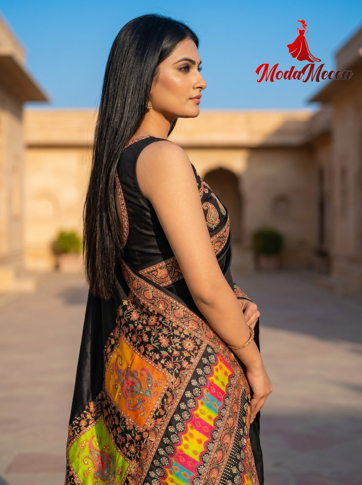 Women's Premium Black Designer Saree with Paisley Digital Print & Floral Border | Festive Party Wear Saree