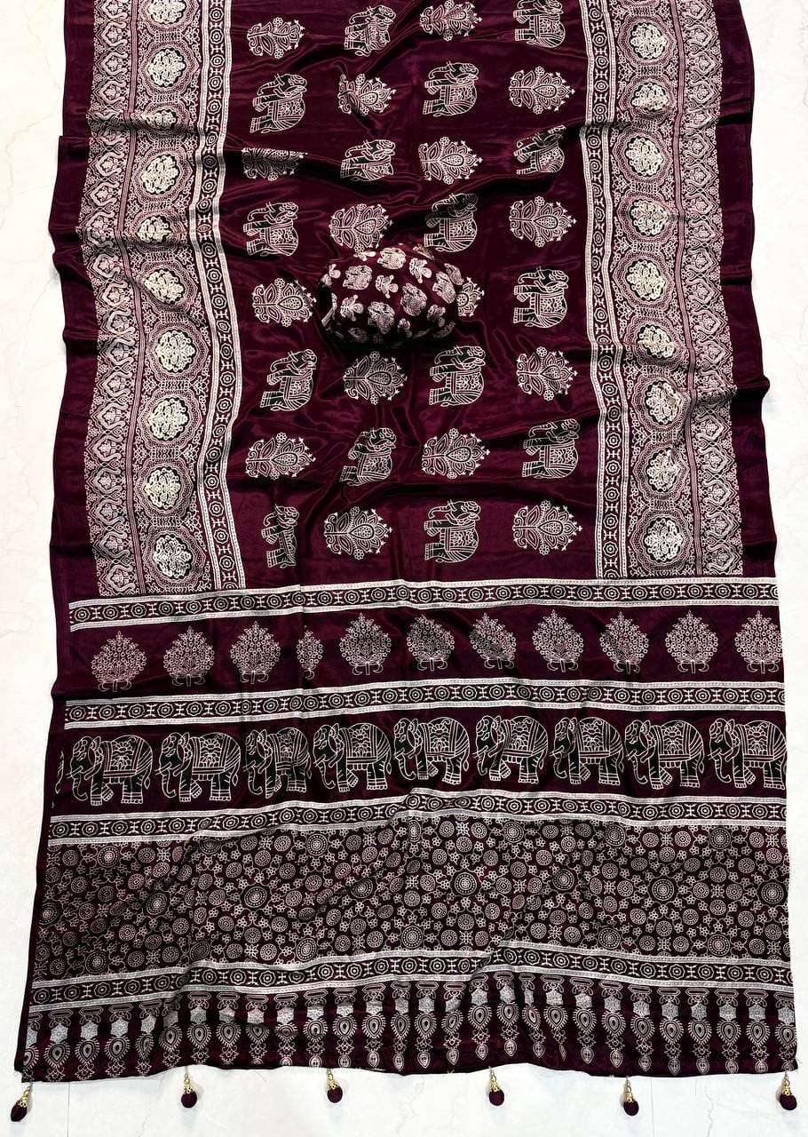 Premium Crepe Silk Designer Saree with Traditional Elephant & Floral Print