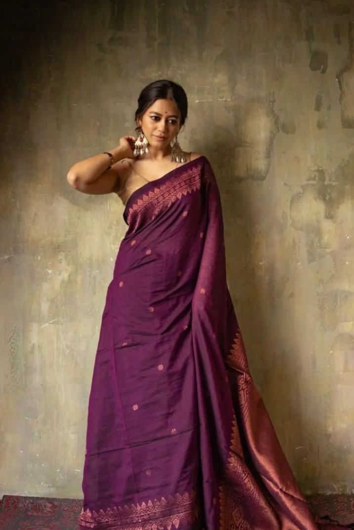 Purple Kanchipuram Silk Saree with Copper Zari Border