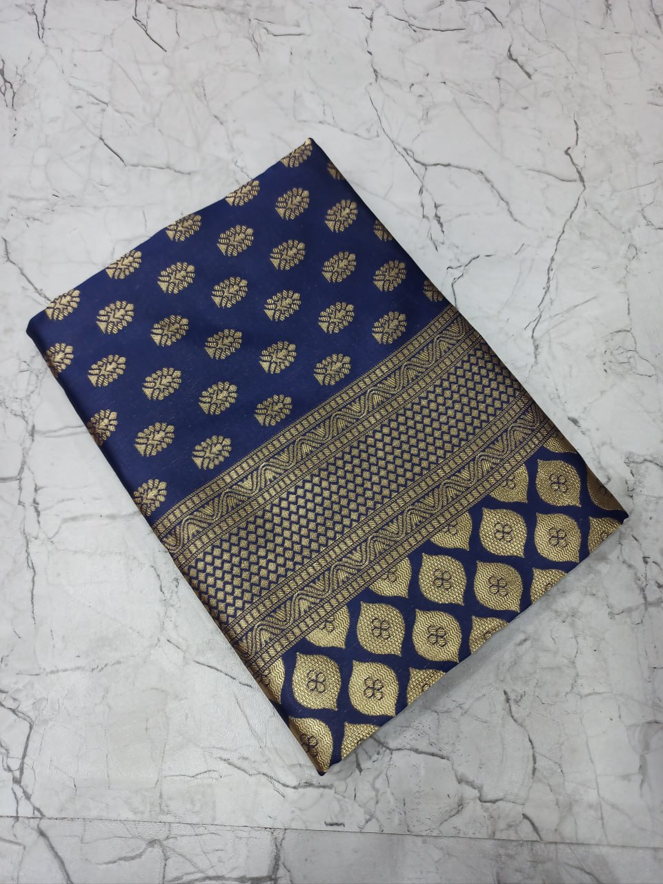 Navy Blue Banarasi Silk Saree with Golden Zari Weaving and Border