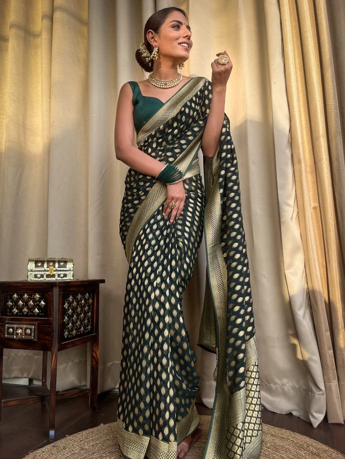Dark Green Banarasi Silk Saree with Golden Zari Weaving