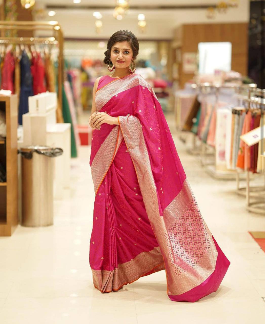 Pink Silk Saree with Golden Zari Border and Buti Work