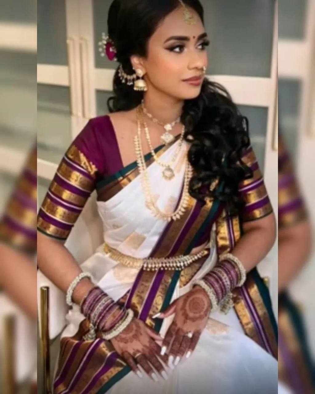 Title: Women's Soft Litchi Silk Saree with Rich Jacquard Work & Contrast Border Blouse – White & Purple