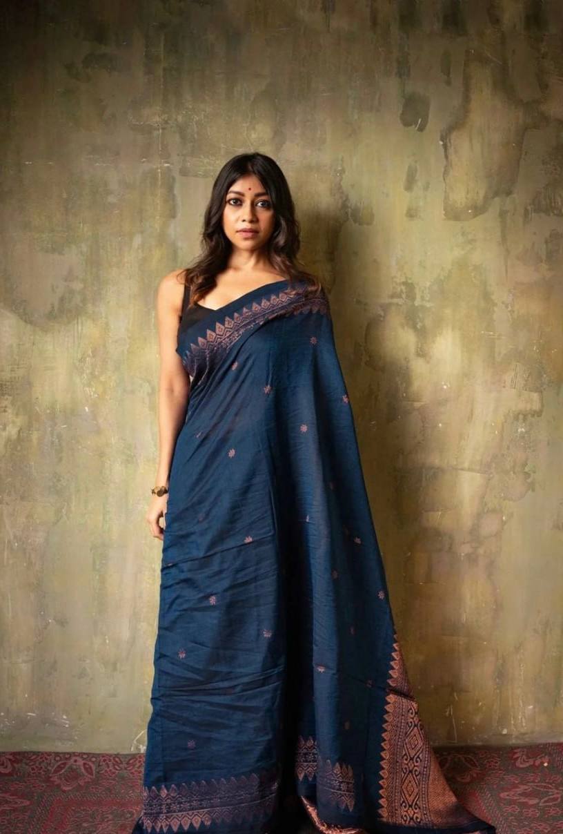 Navy Blue Embroidered Saree with Traditional Border