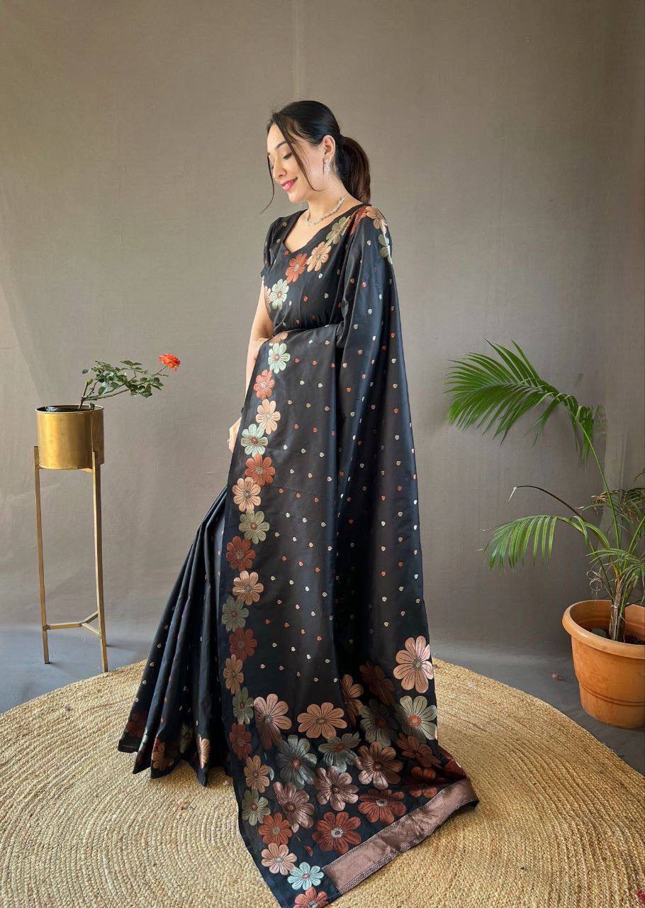 Black Floral Embroidered Organza Saree with Blouse