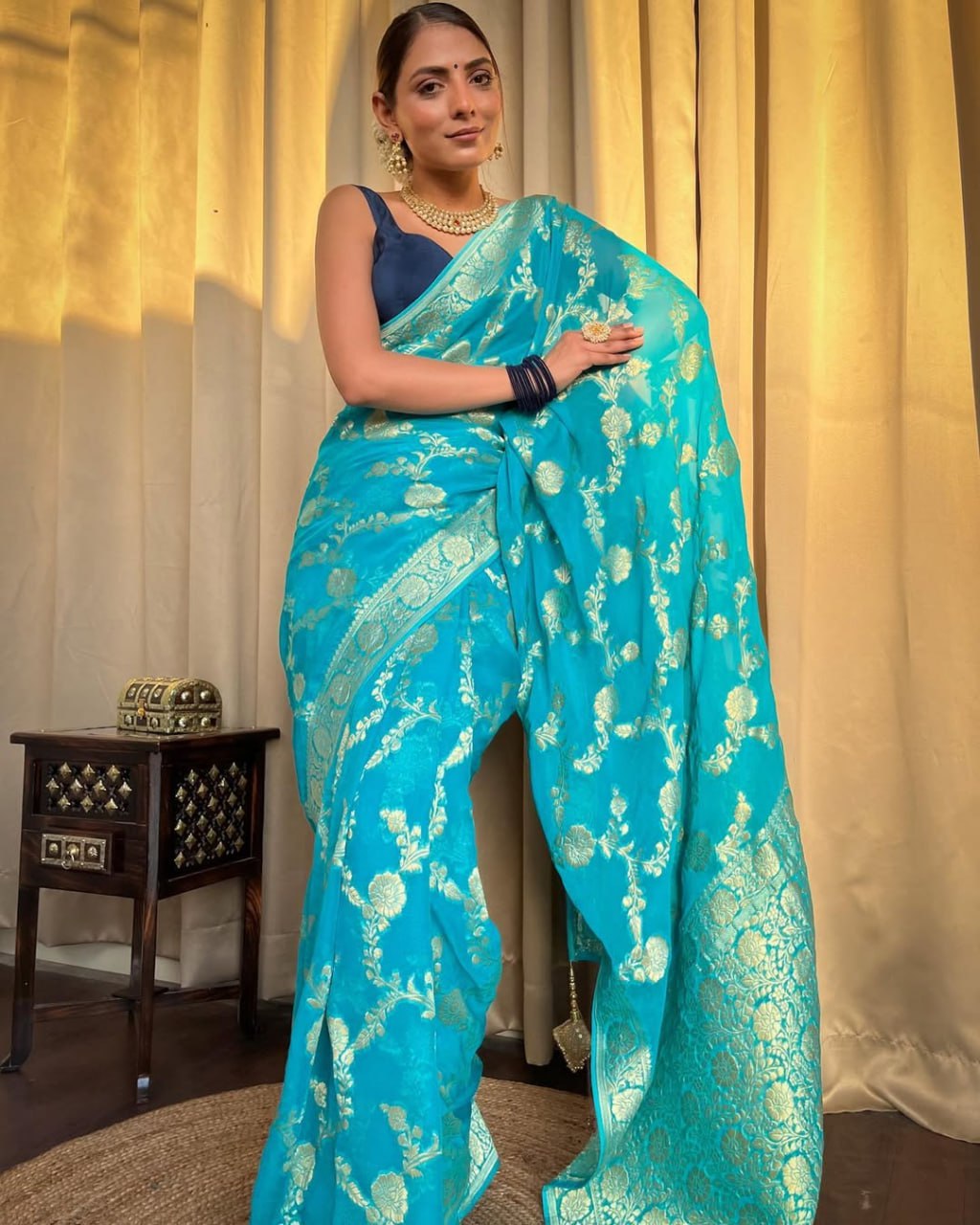 Turquoise Blue Banarasi Silk Saree with Gold Zari Work