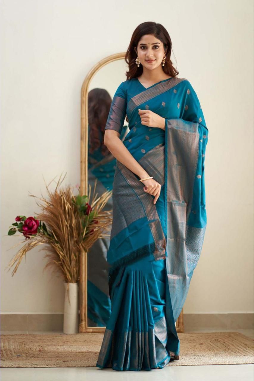 Teal Blue Silk Saree with Silver Zari Border and Brocade Blouse