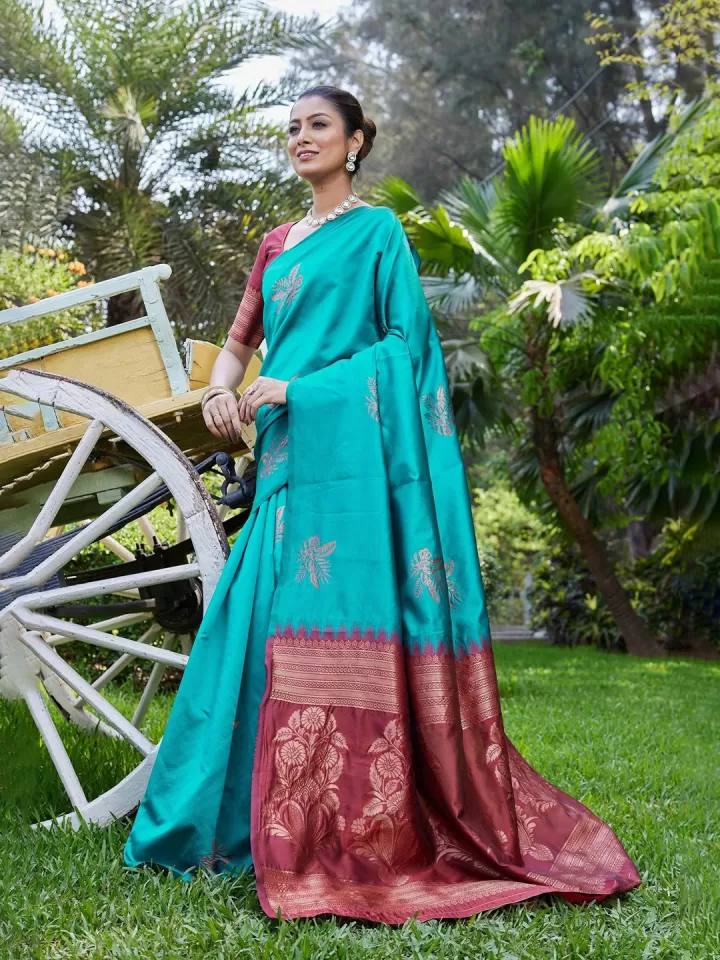Teal Silk Saree with Maroon Border and Pallu