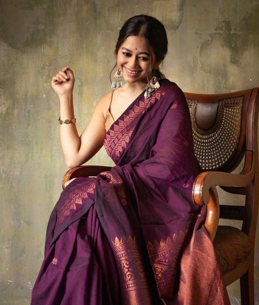 Purple Kanchipuram Silk Saree with Copper Zari Border