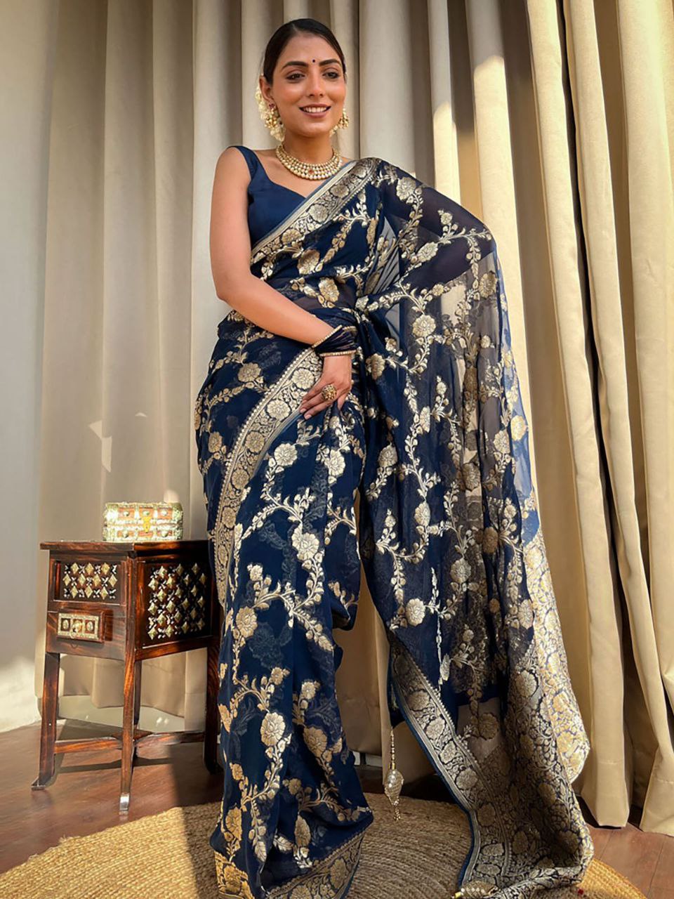Navy Blue Banarasi Silk Saree with Golden Zari Floral Work