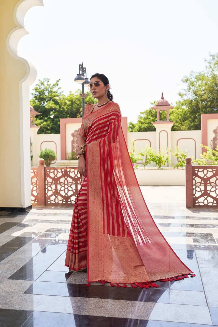 Red Banarasi Silk Saree with Golden Zari Stripes