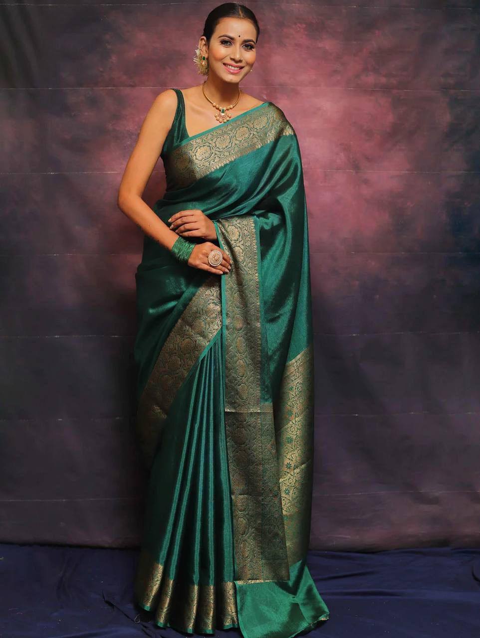 Elegant Green Silk Saree with Golden Zari Border