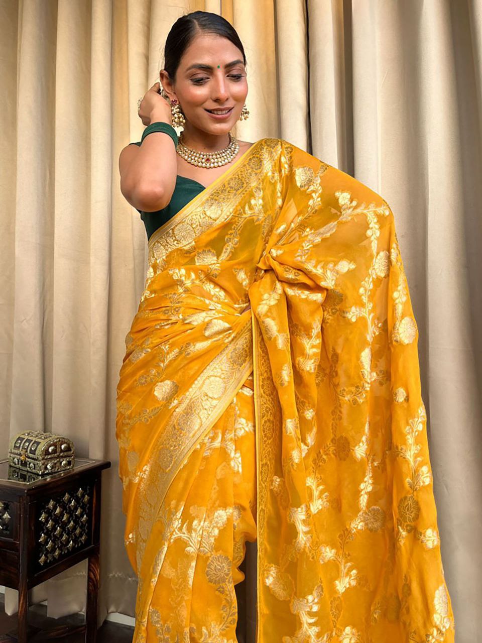 Yellow Banarasi Silk Saree with Golden Floral Weaving and Green Blouse