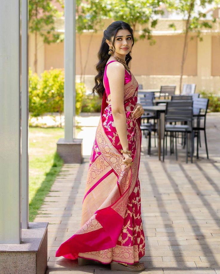 Traditional Red Banarasi Silk Saree with Gold Zari Work