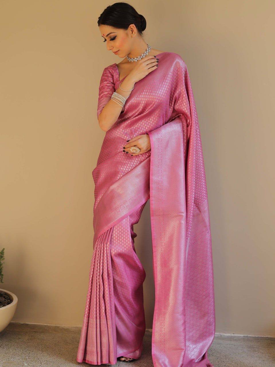 Pink Banarasi Silk Saree with Zari Work