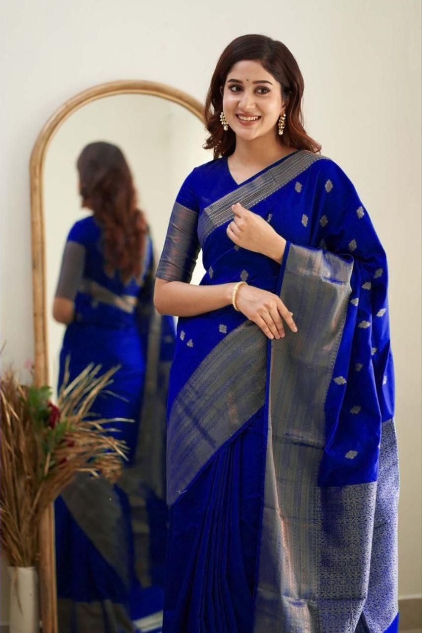 Royal Blue Silk Saree with Silver Zari Border and Butta Work