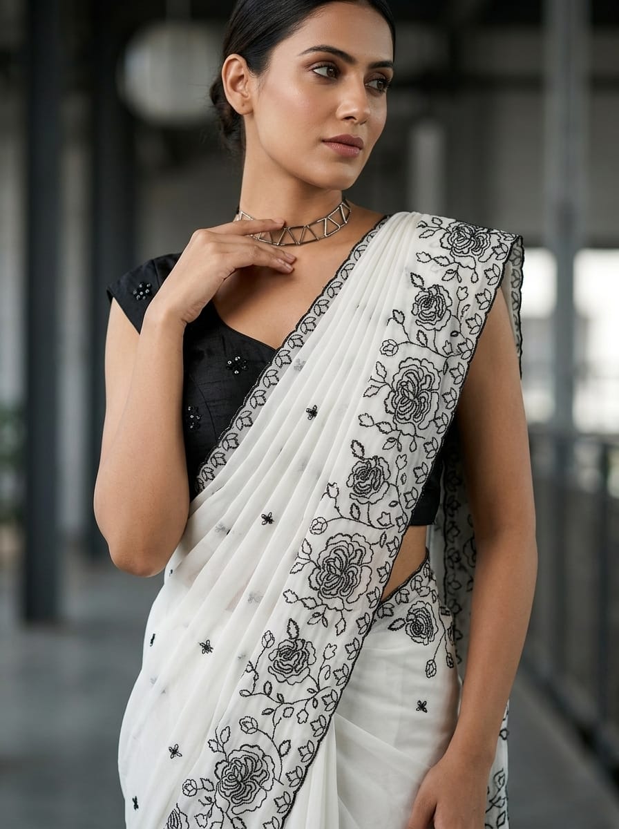 Premium Star Georgette Saree with Black Sequin & Thread Embroidery and Matching Blouse