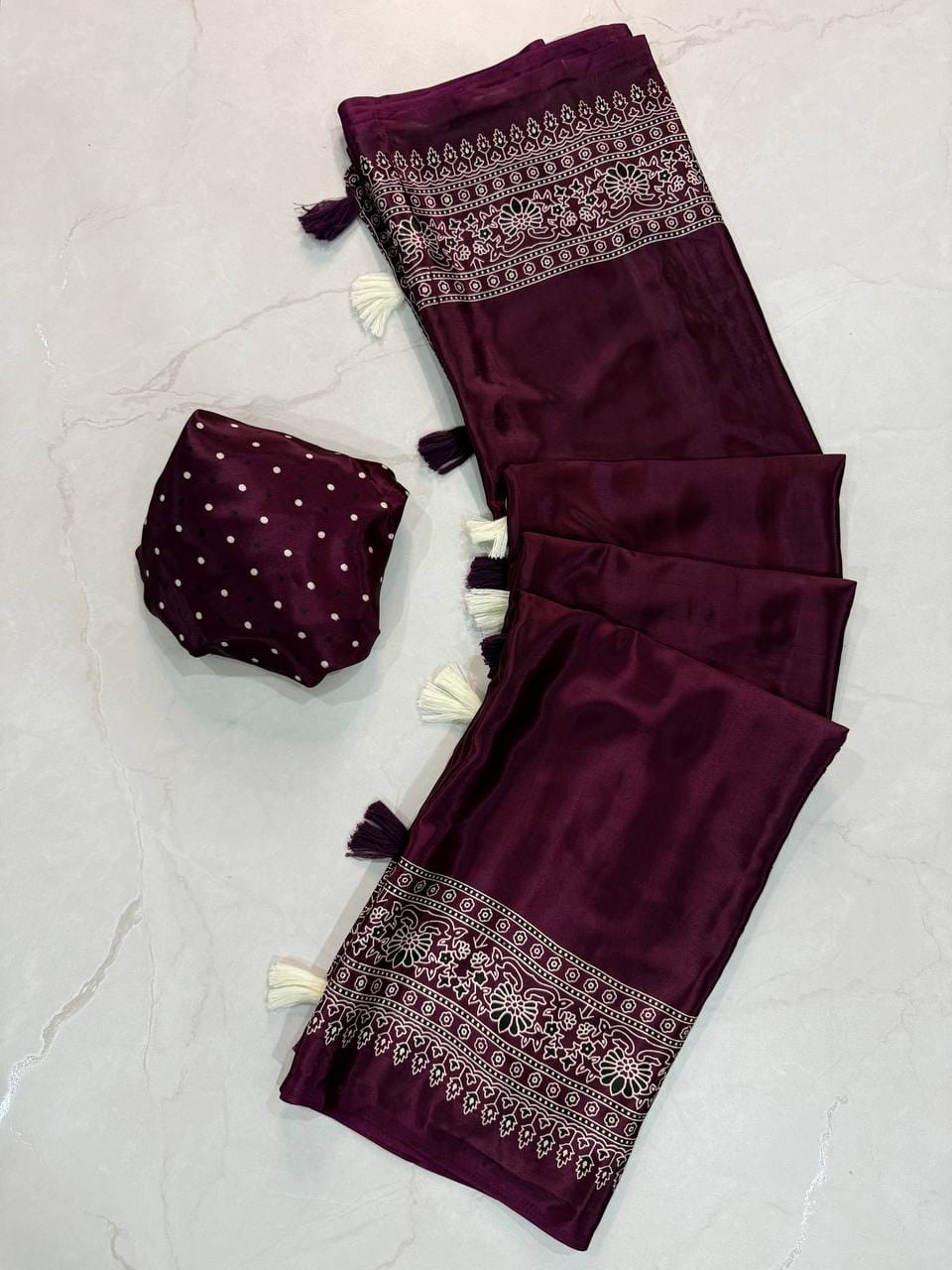 Premium Ajrakh Designer Crepe Silk Saree with Floral Border & Tassel Detailing
