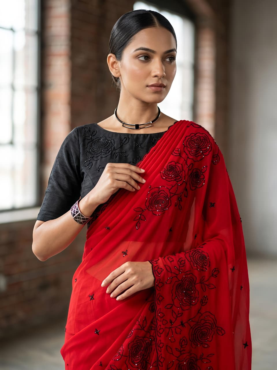 Premium Star Georgette Saree with Black Sequin & Thread Embroidery and Matching Blouse