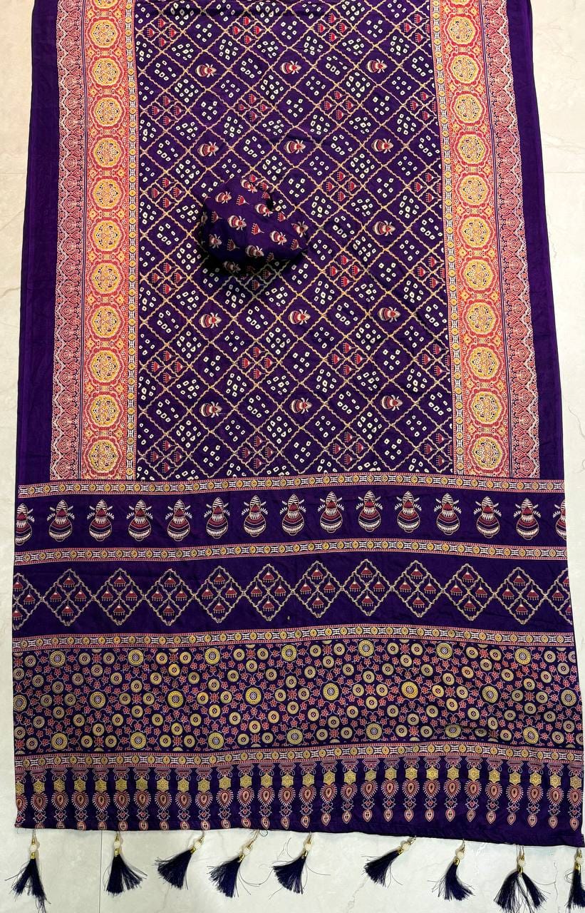 Premium Ajrakh Designer Crepe Silk Saree with Multi-Pattern Border & Tassel Work