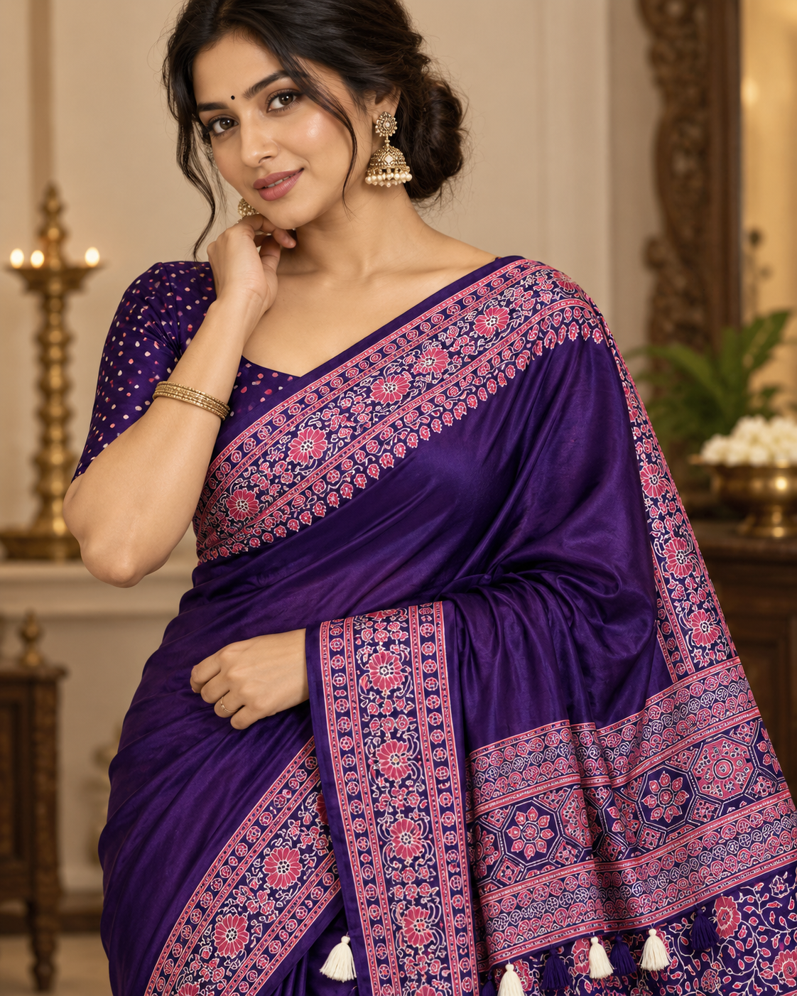 Premium Ajrakh Designer Crepe Silk Saree with Floral Border & Tassel Detailing