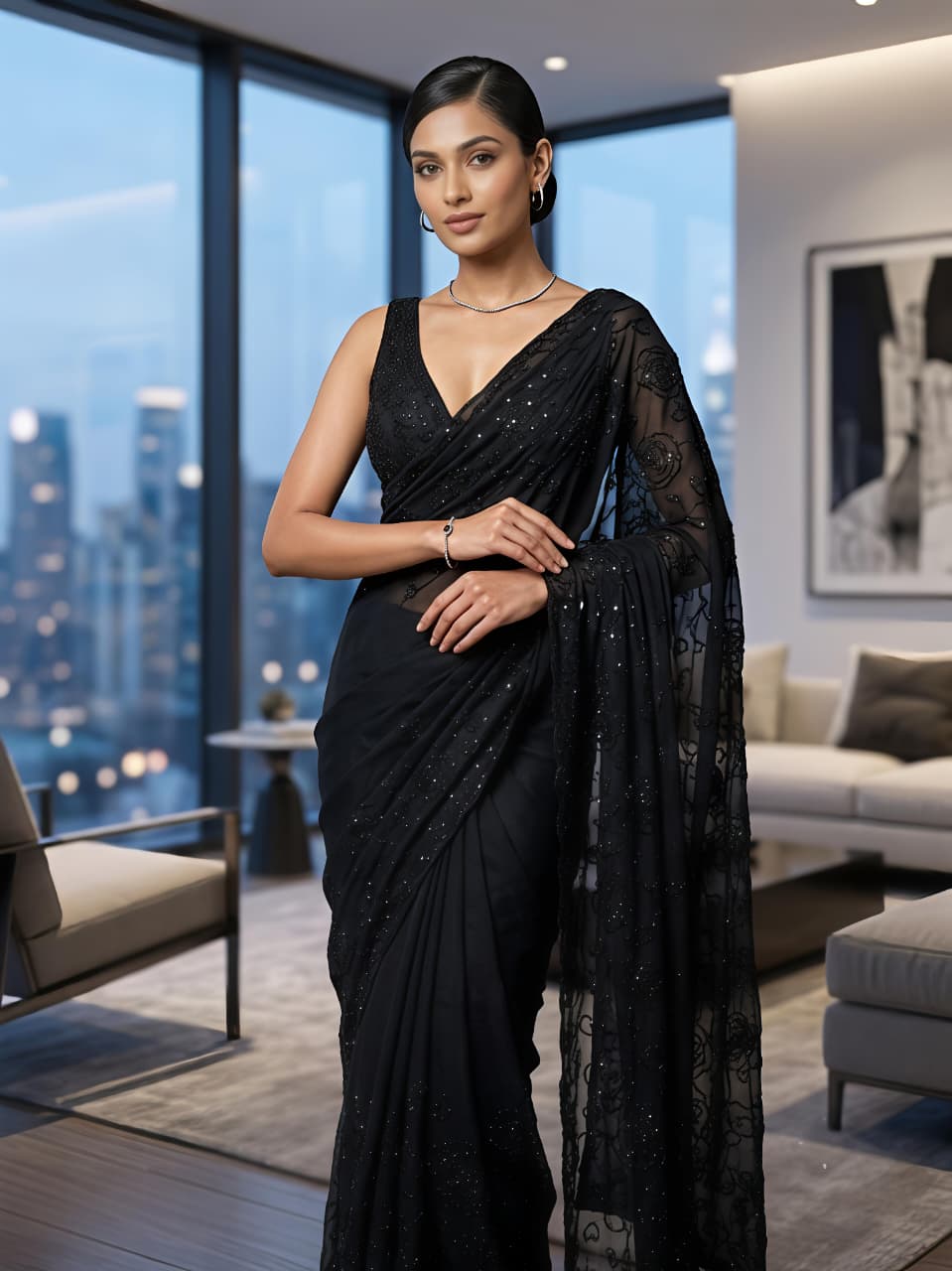 Premium Star Georgette Saree with Black Sequin & Thread Embroidery and Matching Blouse
