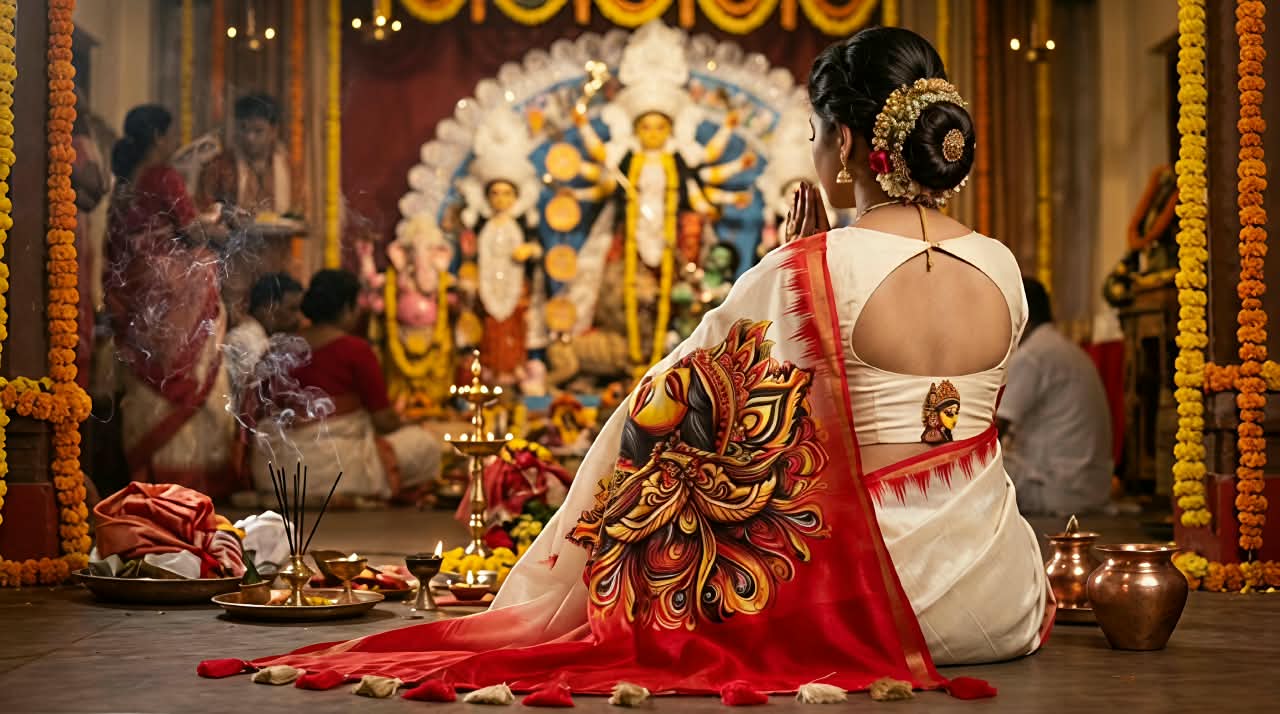 Durga Pooja Cotton Saree with Gold Pattu Border, Pallu & Matching Blouse