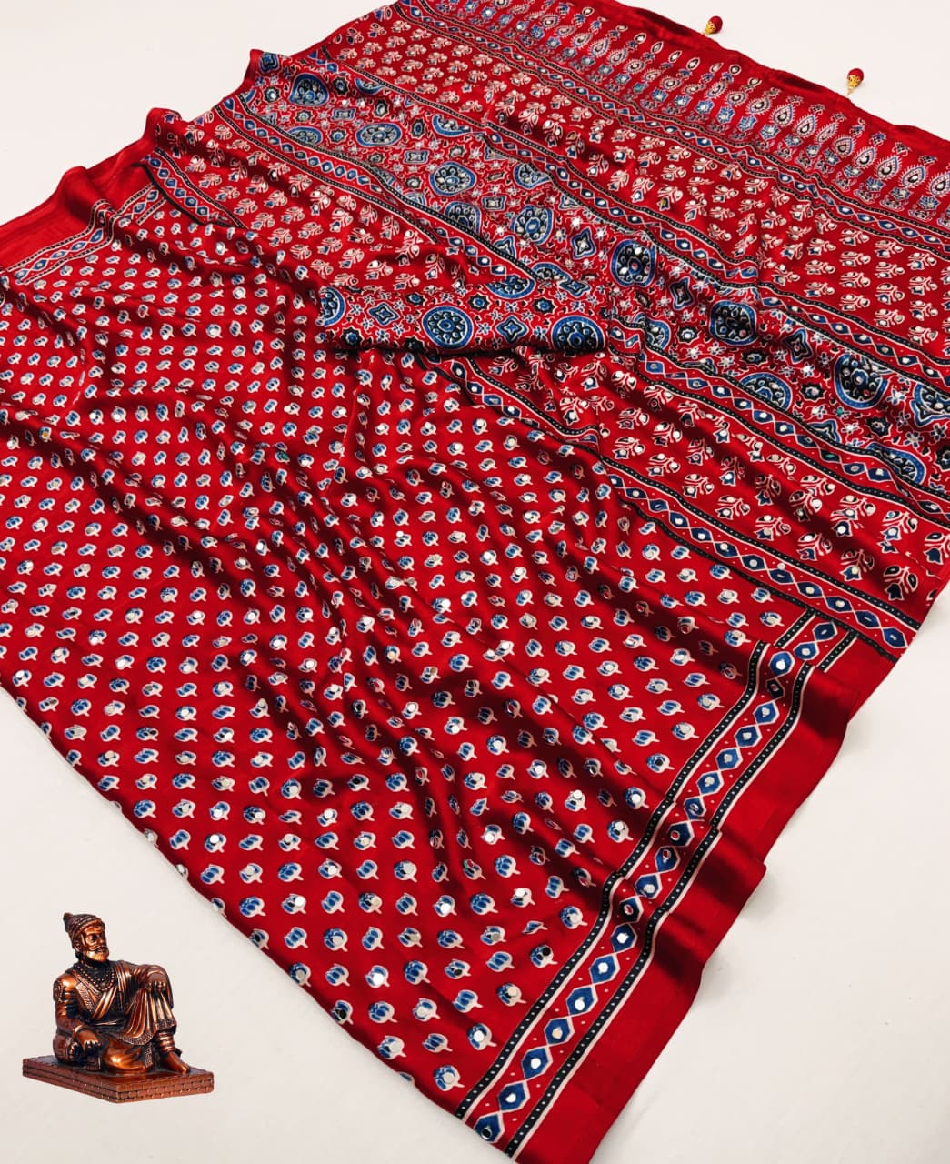Aaina Vol 6 Silk Crepe Saree with Ethnic Ajrak Print & 1600 Mirror Work