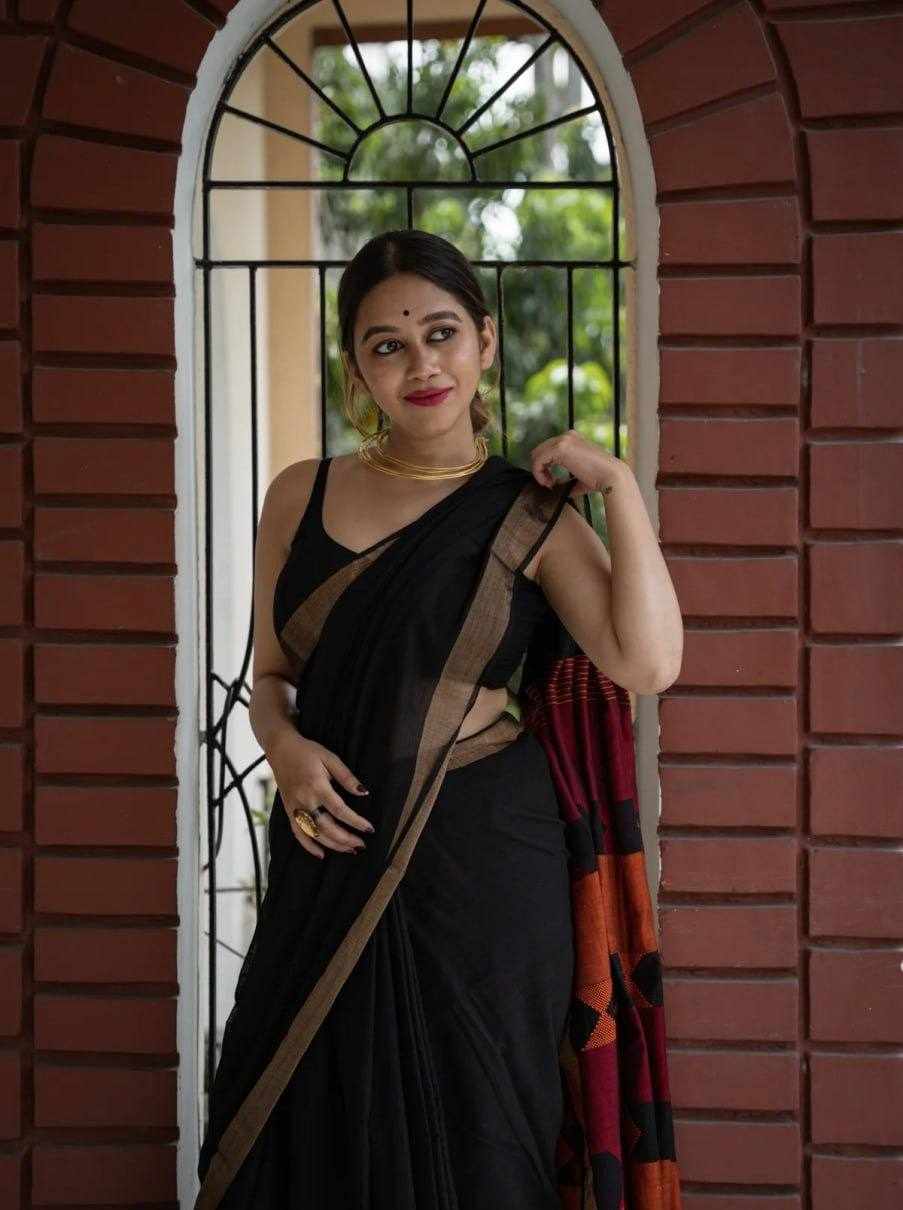 KP-R 209 Soft Linen Black Saree with Jacquard Border 🖤