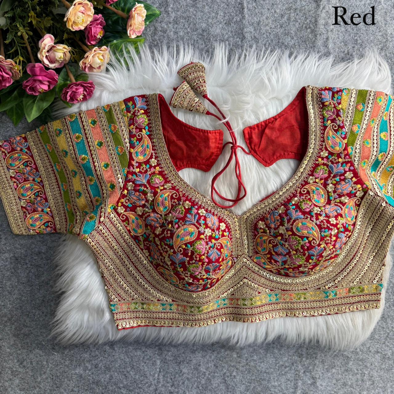 Premium Kashmiri-Inspired Antique Thread Work Blouse – Fox Georgette | Heavy Padded | 38–40