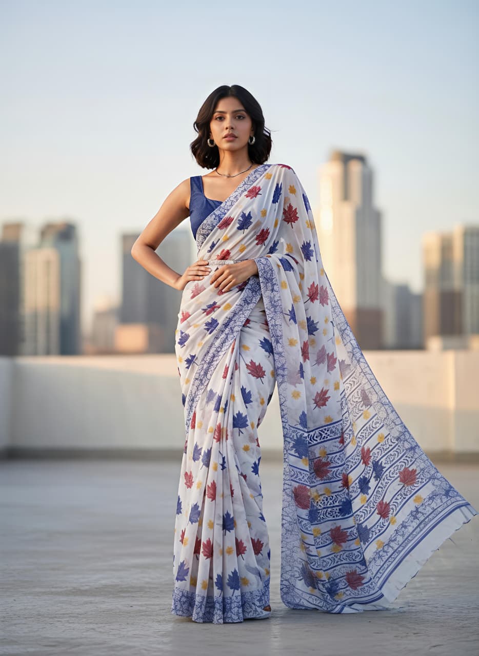 Soft Georgette Floral Leaf Digital Print Saree — Shopify Product Listing