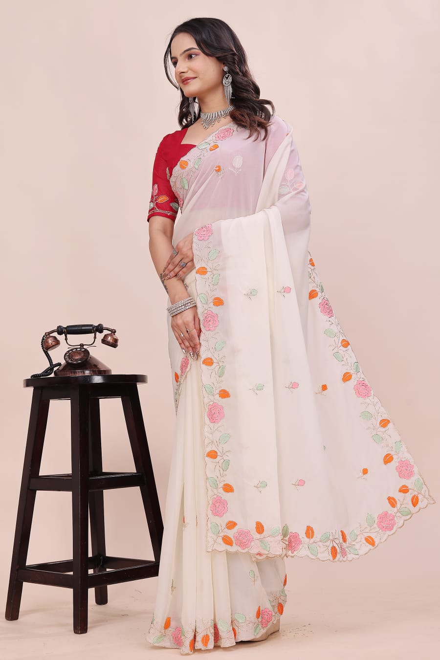 Rose Petal Embroidered Star Georgette Saree with Beads Work Border