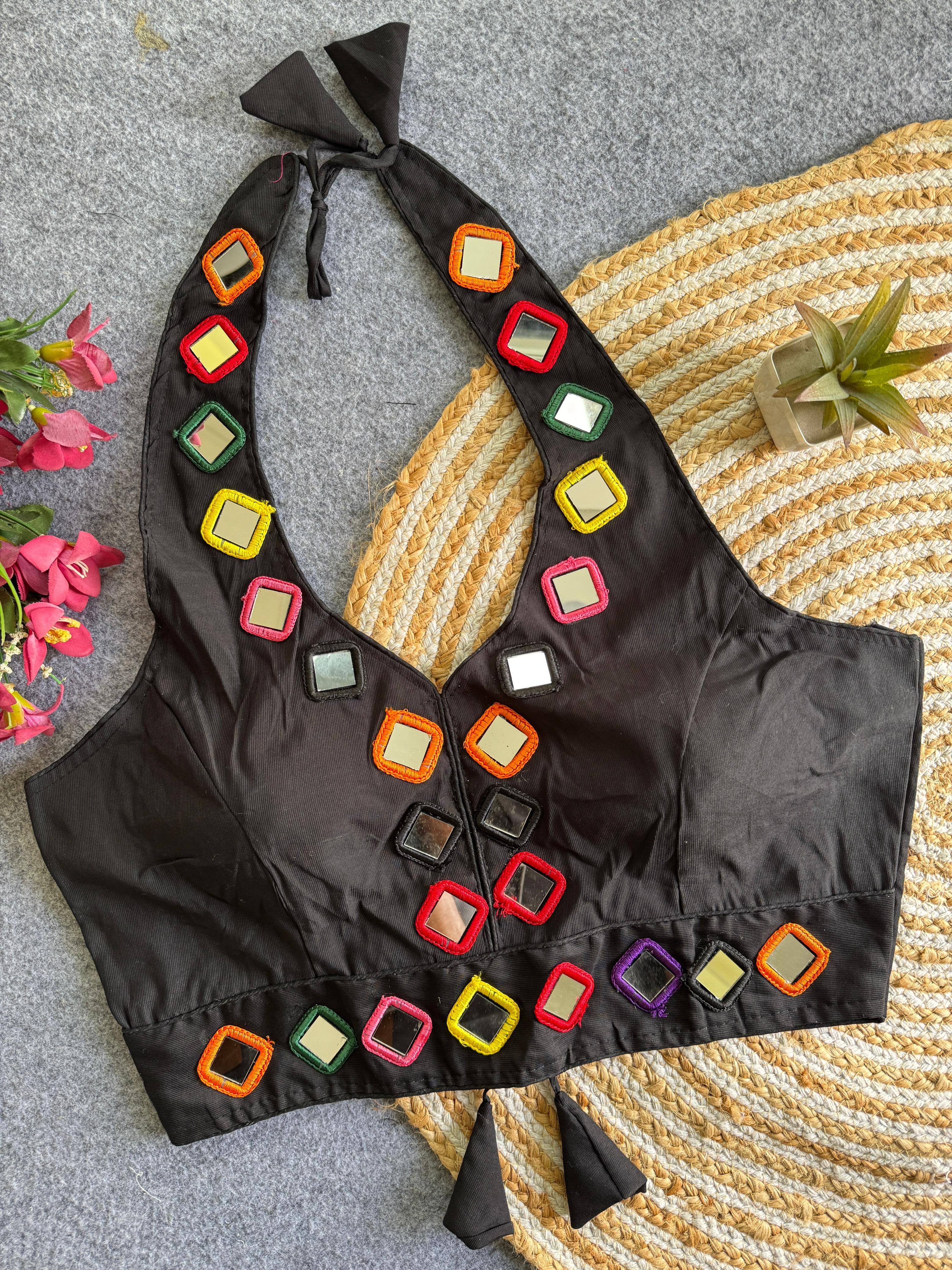 Navratri 06 Satin Silk Multicolour Mirror Work Designer Blouse – Free Size 38–42