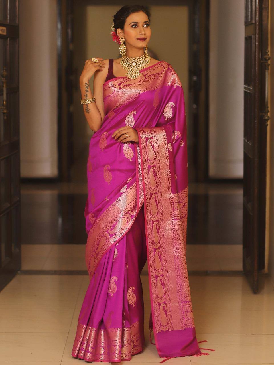 Banarasi Silk Saree in Magenta Pink with Zari Work