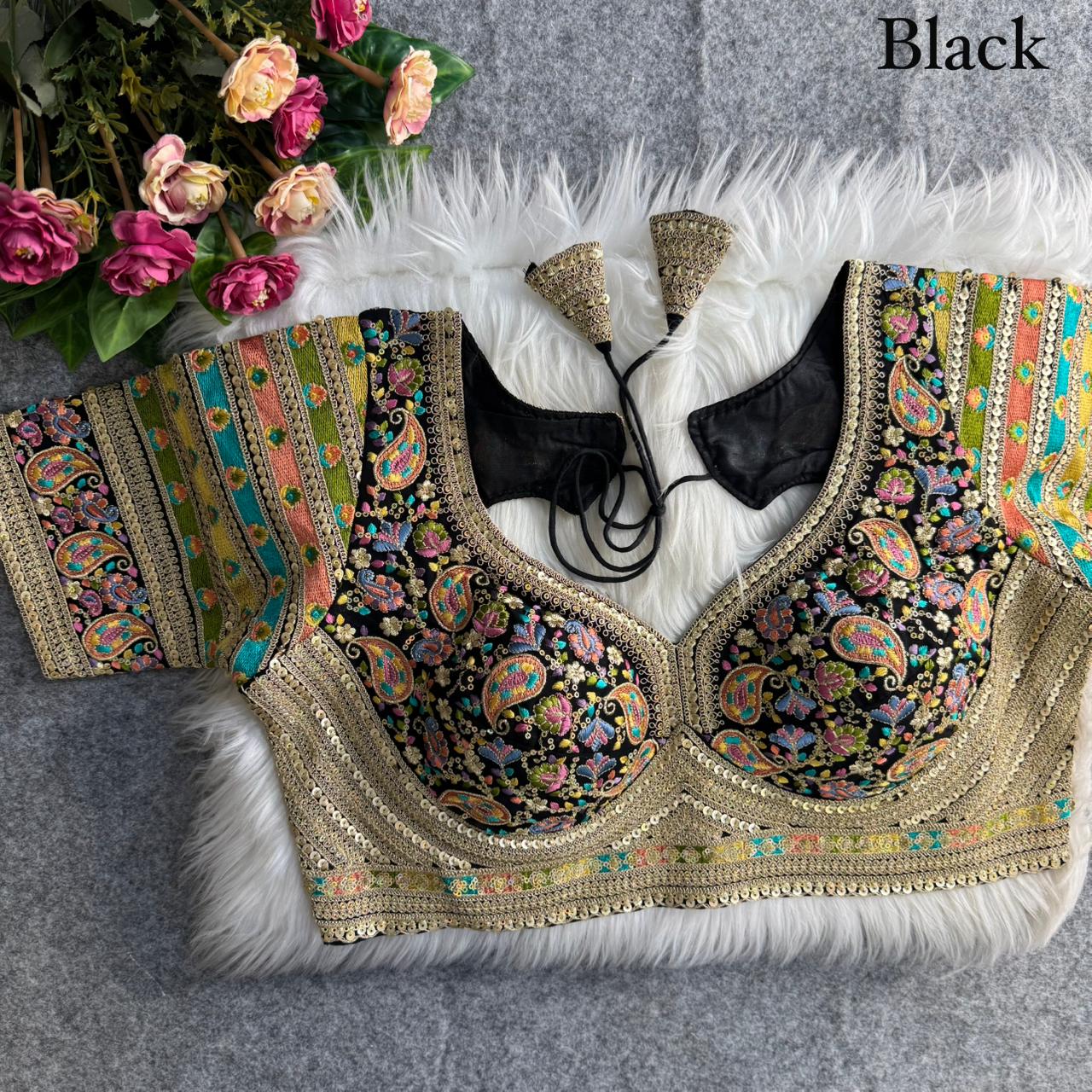 Premium Kashmiri-Inspired Antique Thread Work Blouse – Fox Georgette | Heavy Padded | 38–40