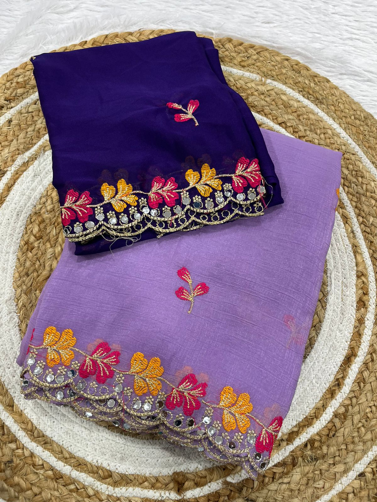 Premium Crunchy Chiffon Embroidered Mirror Work Party Wear Saree
