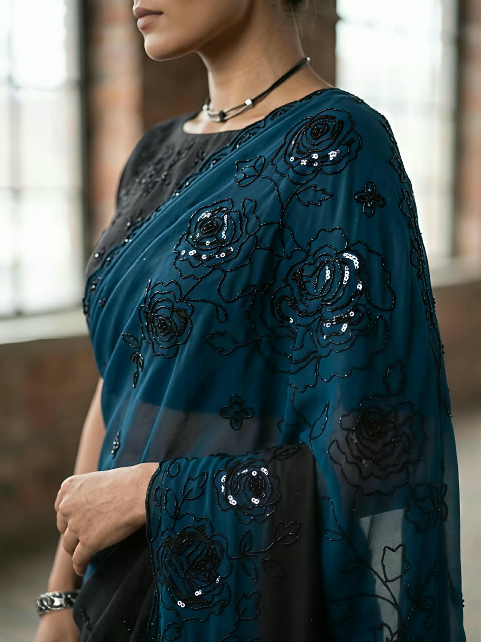 Premium Star Georgette Saree with Black Sequin & Thread Embroidery and Matching Blouse