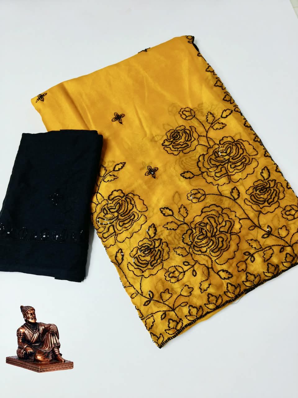 Premium Star Georgette Saree with Black Sequin & Thread Embroidery and Matching Blouse