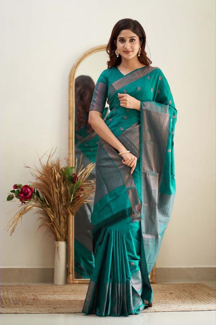 Elegant Green Silk Saree with Grey Border and Butta Work