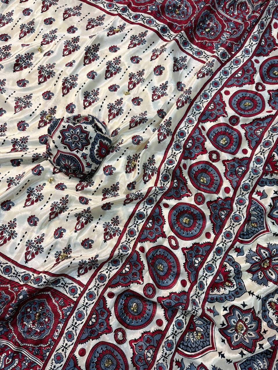 Premium Crepe Silk Saree with Ghughari Work, Floral Print & Tassel Detailing